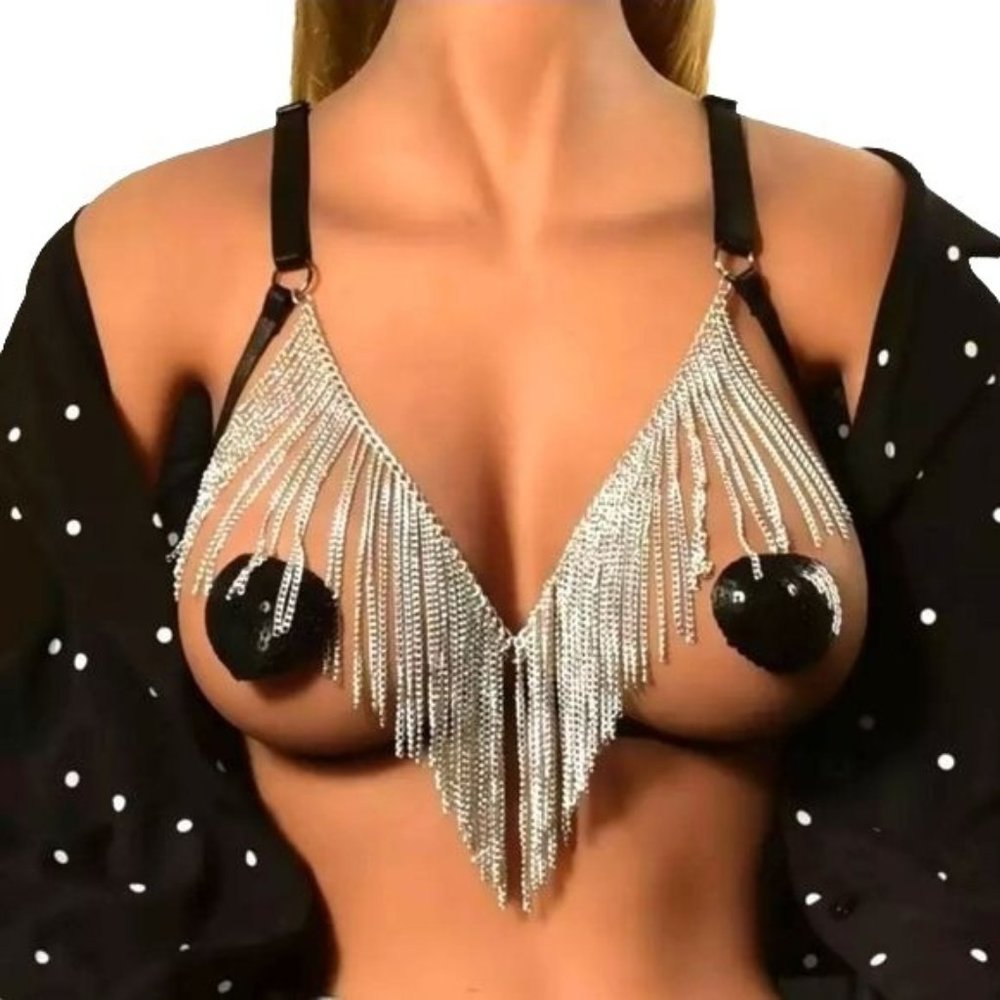 SILVER & BLACK RAVE CLUB FESTIVAL DANGLE HARNESS - Picture 1 of 3